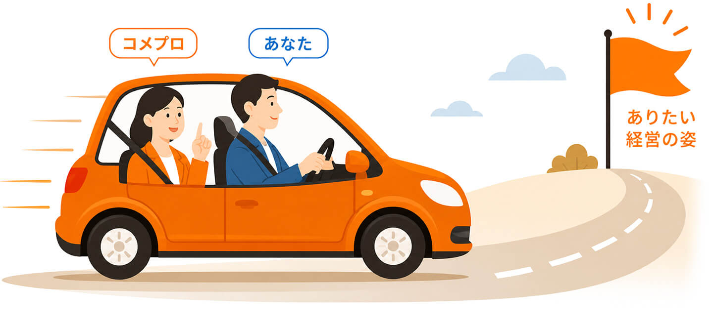 「コメプロ」と「あなた」が一台の車に乗り、「ありたい経営の姿」の旗へ向かうイラスト